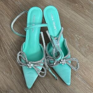Public Desire Turquoise Heels with Silver Bow NWOT